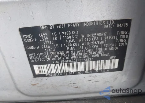 2015 Subaru Outback 2.5I Premium z USA, uszkodzony, nr VIN 4S4BSACC3F3328837